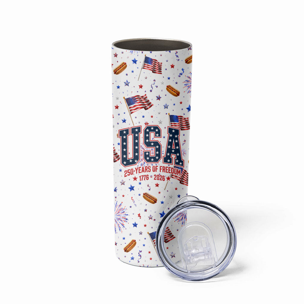 USA America Raccoon Hot Dog 250 Years Skinny Tumbler 4th of July 1776-2026 Patriotic Fireworks