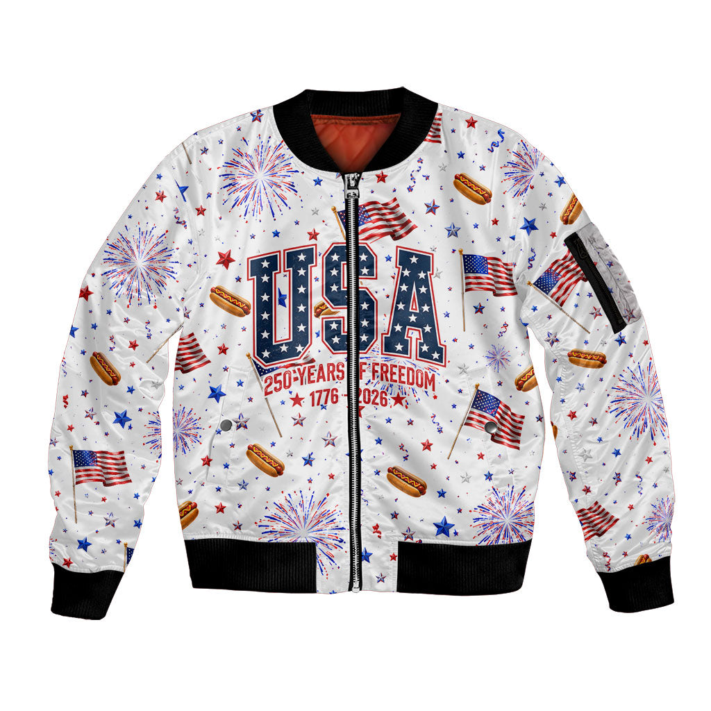 USA America Raccoon Hot Dog 250 Years Sleeve Zip Bomber Jacket 4th of July 1776-2026 Patriotic Fireworks