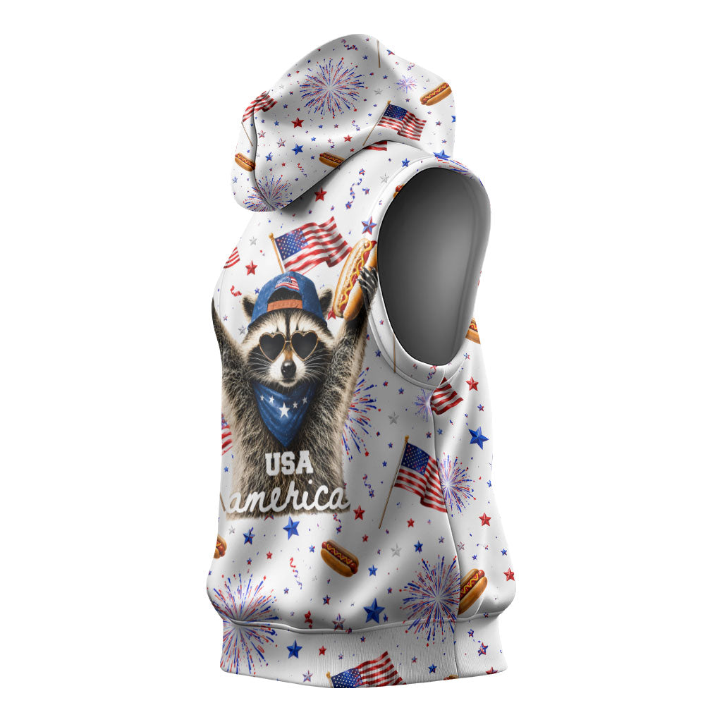 USA America Raccoon Hot Dog 250 Years Sleeveless Hoodie 4th of July 1776-2026 Patriotic Fireworks