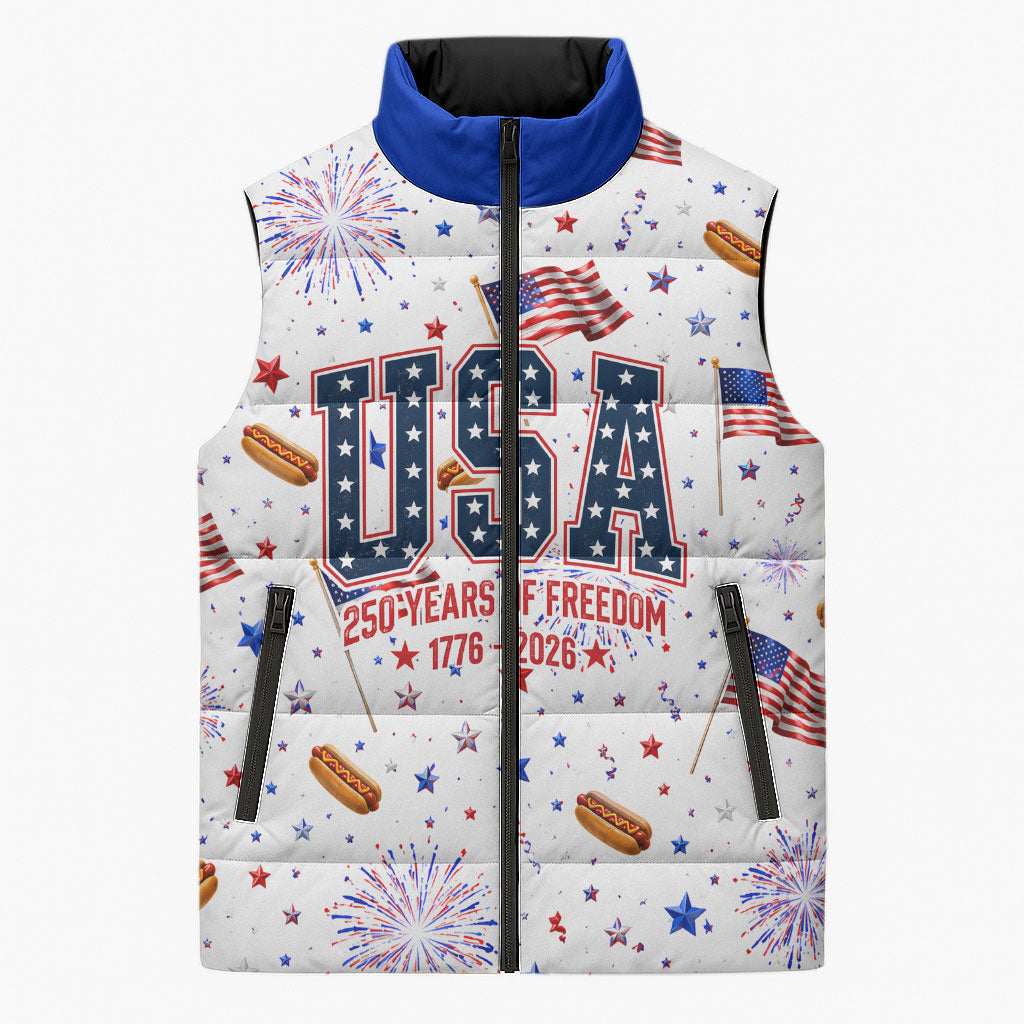USA America Raccoon Hot Dog 250 Years Sleeveless Puffer Jacket 4th of July 1776-2026 Patriotic Fireworks