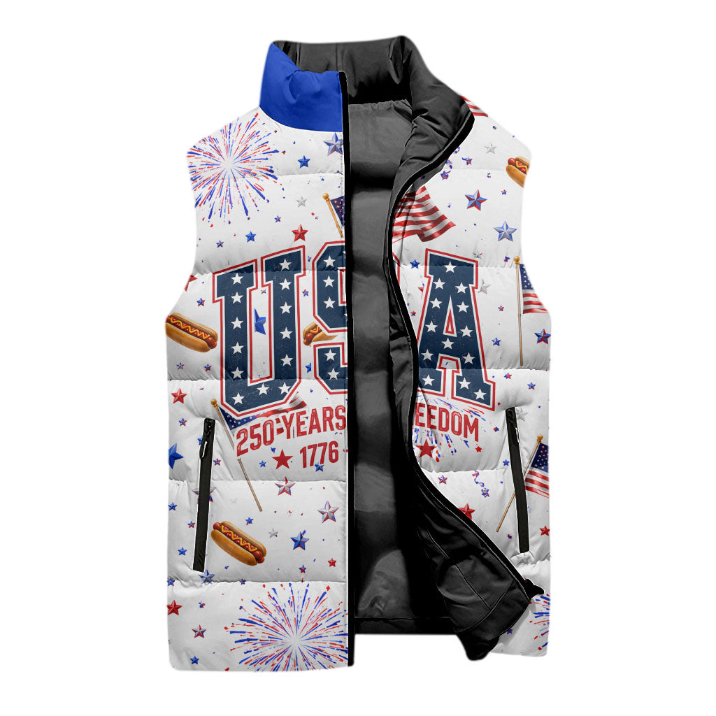 USA America Raccoon Hot Dog 250 Years Sleeveless Puffer Jacket 4th of July 1776-2026 Patriotic Fireworks