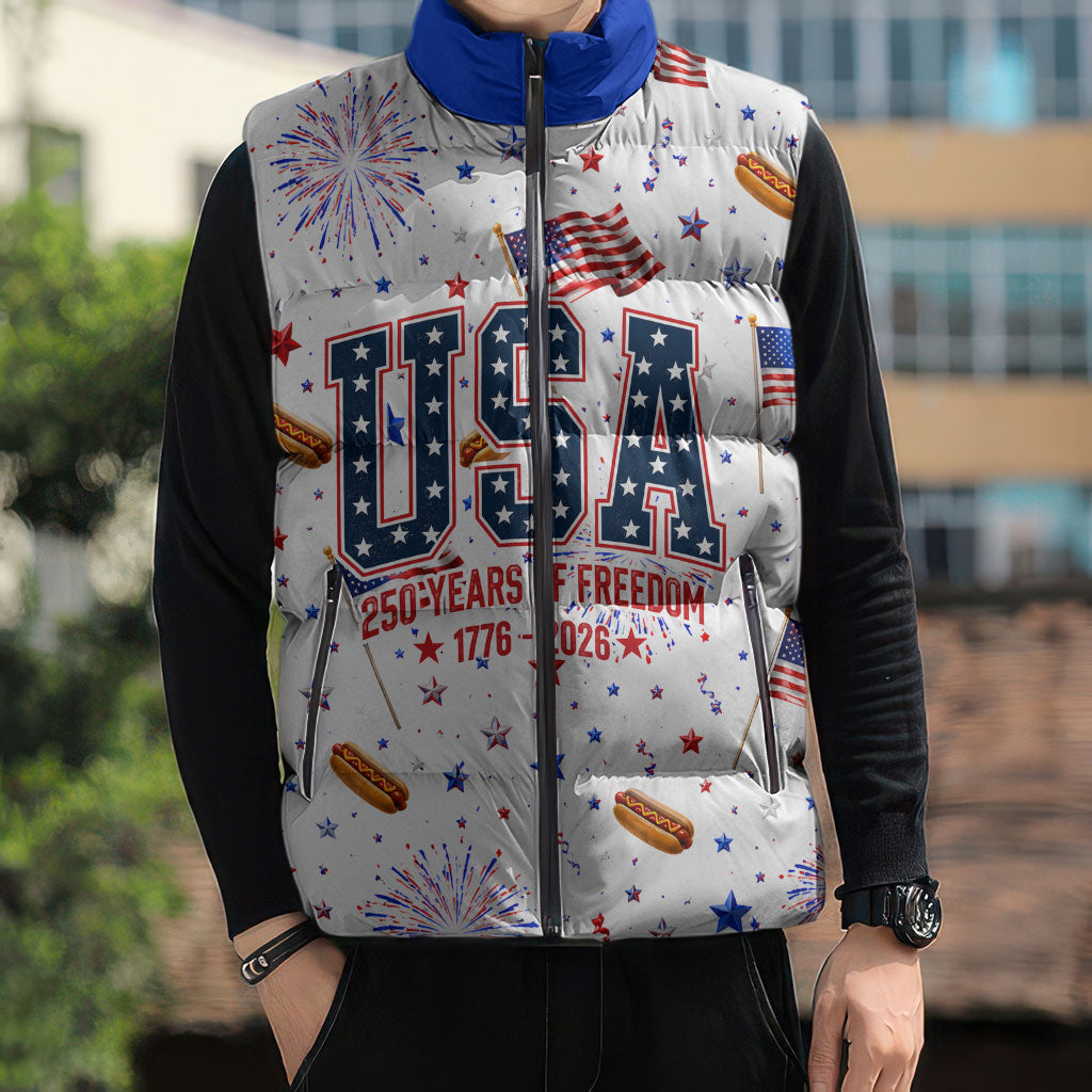 USA America Raccoon Hot Dog 250 Years Sleeveless Puffer Jacket 4th of July 1776-2026 Patriotic Fireworks