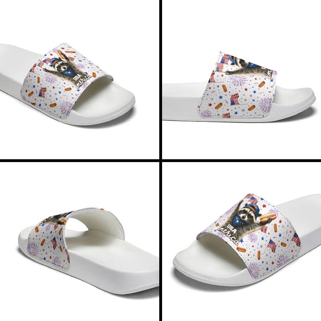 USA America Raccoon Hot Dog 250 Years Slide Sandals 4th of July 1776-2026 Patriotic Fireworks