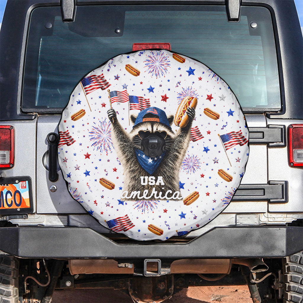 USA America Raccoon Hot Dog 250 Years Spare Tire Cover 4th of July 1776-2026 Patriotic Fireworks