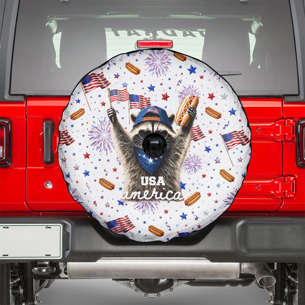 USA America Raccoon Hot Dog 250 Years Spare Tire Cover 4th of July 1776-2026 Patriotic Fireworks