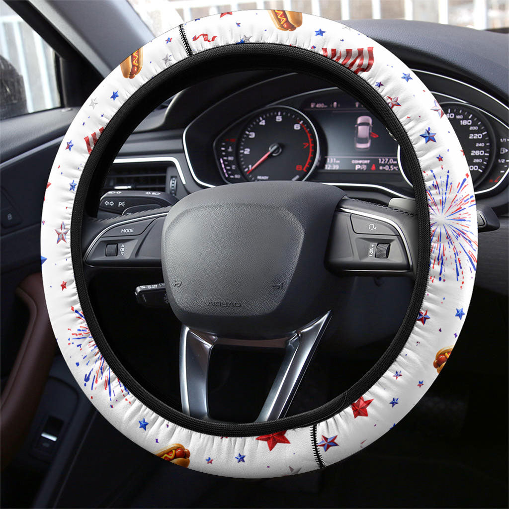 USA America Raccoon Hot Dog 250 Years Steering Wheel Cover 4th of July 1776-2026 Patriotic Fireworks