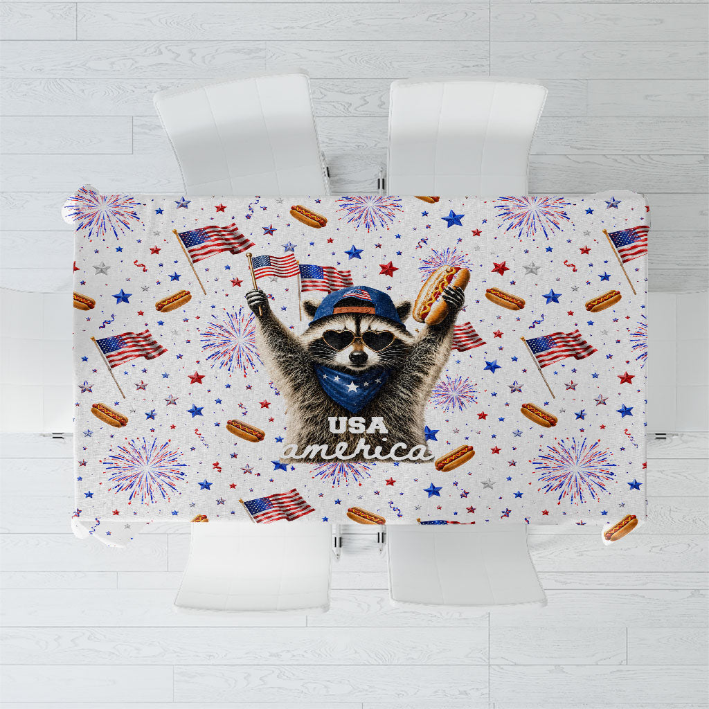 USA America Raccoon Hot Dog 250 Years Tablecloth 4th of July 1776-2026 Patriotic Fireworks