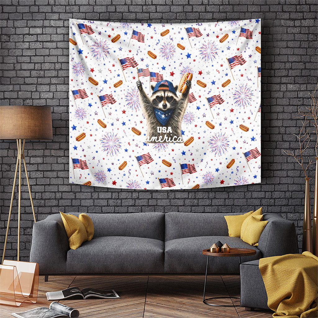 USA America Raccoon Hot Dog 250 Years Tapestry 4th of July 1776-2026 Patriotic Fireworks