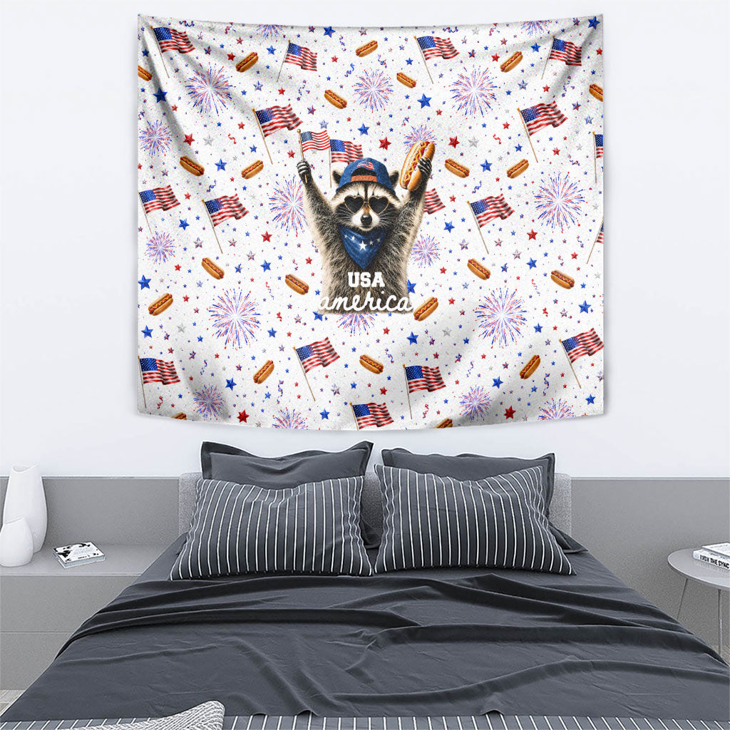 USA America Raccoon Hot Dog 250 Years Tapestry 4th of July 1776-2026 Patriotic Fireworks