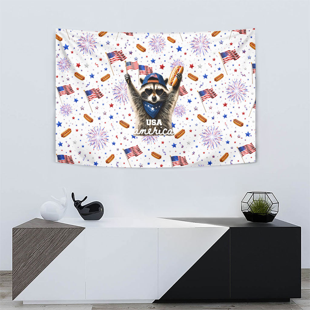 USA America Raccoon Hot Dog 250 Years Tapestry 4th of July 1776-2026 Patriotic Fireworks