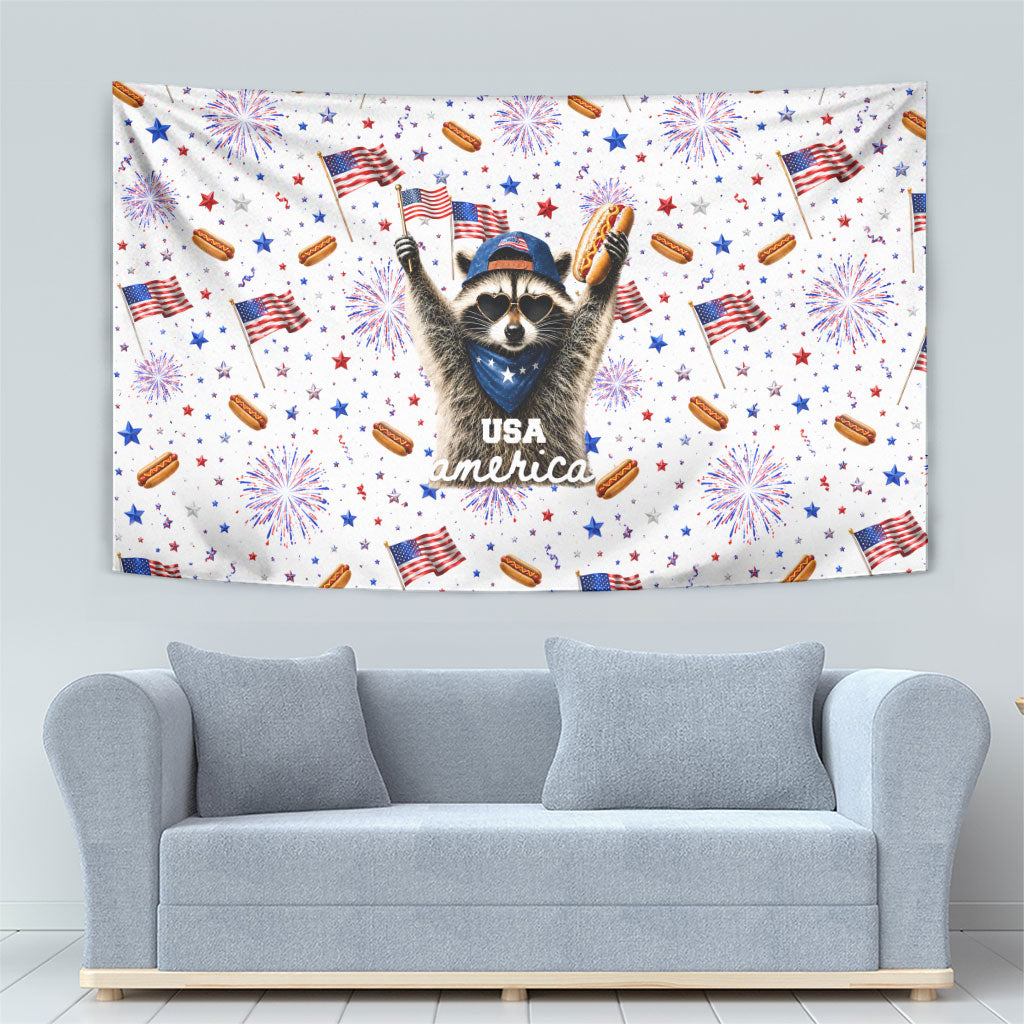 USA America Raccoon Hot Dog 250 Years Tapestry 4th of July 1776-2026 Patriotic Fireworks