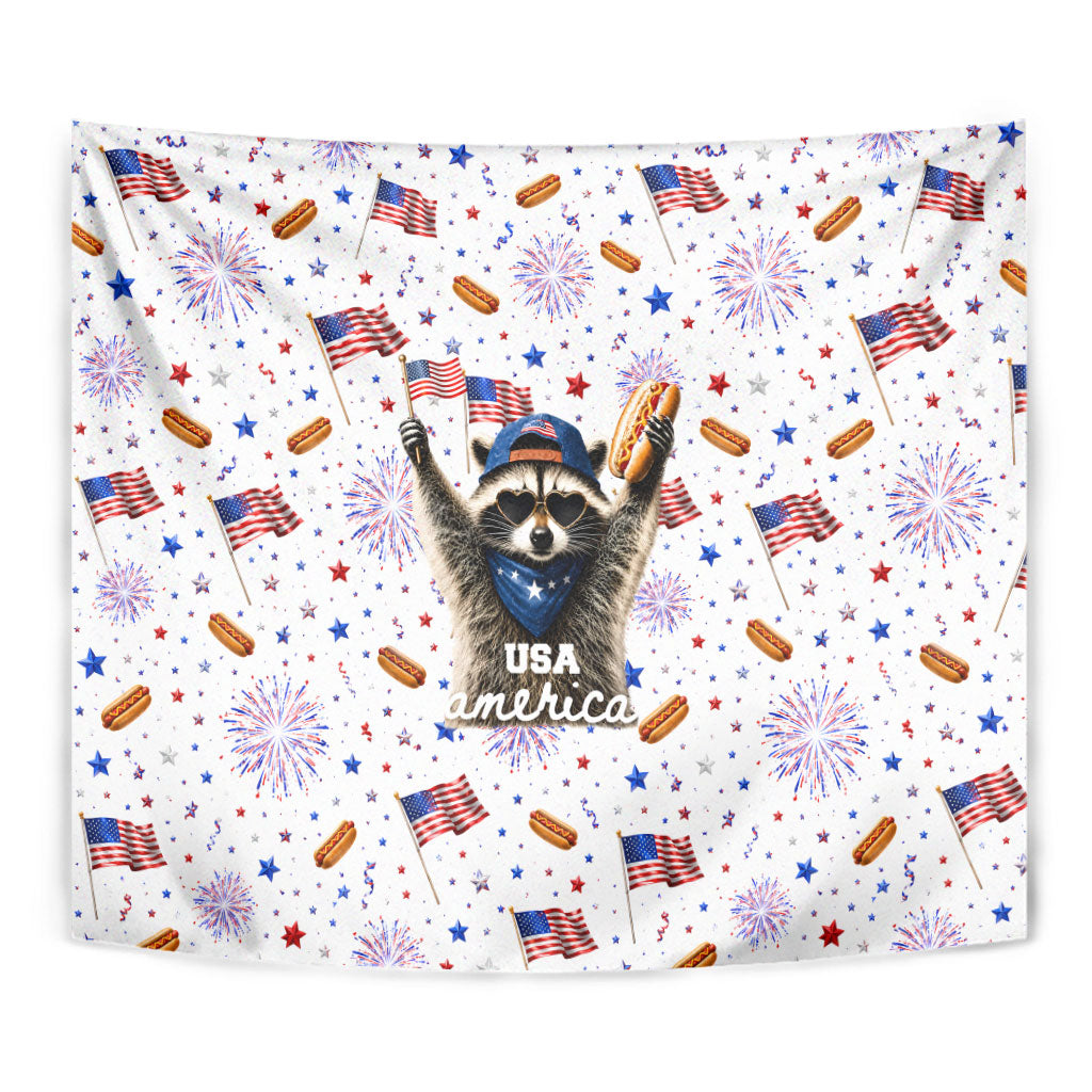 USA America Raccoon Hot Dog 250 Years Tapestry 4th of July 1776-2026 Patriotic Fireworks