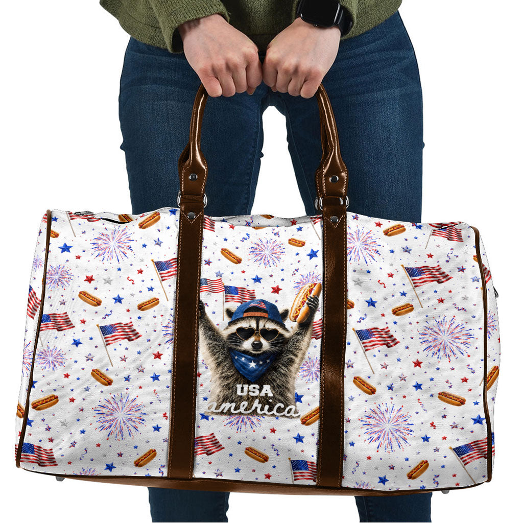 USA America Raccoon Hot Dog 250 Years Travel Bag 4th of July 1776-2026 Patriotic Fireworks
