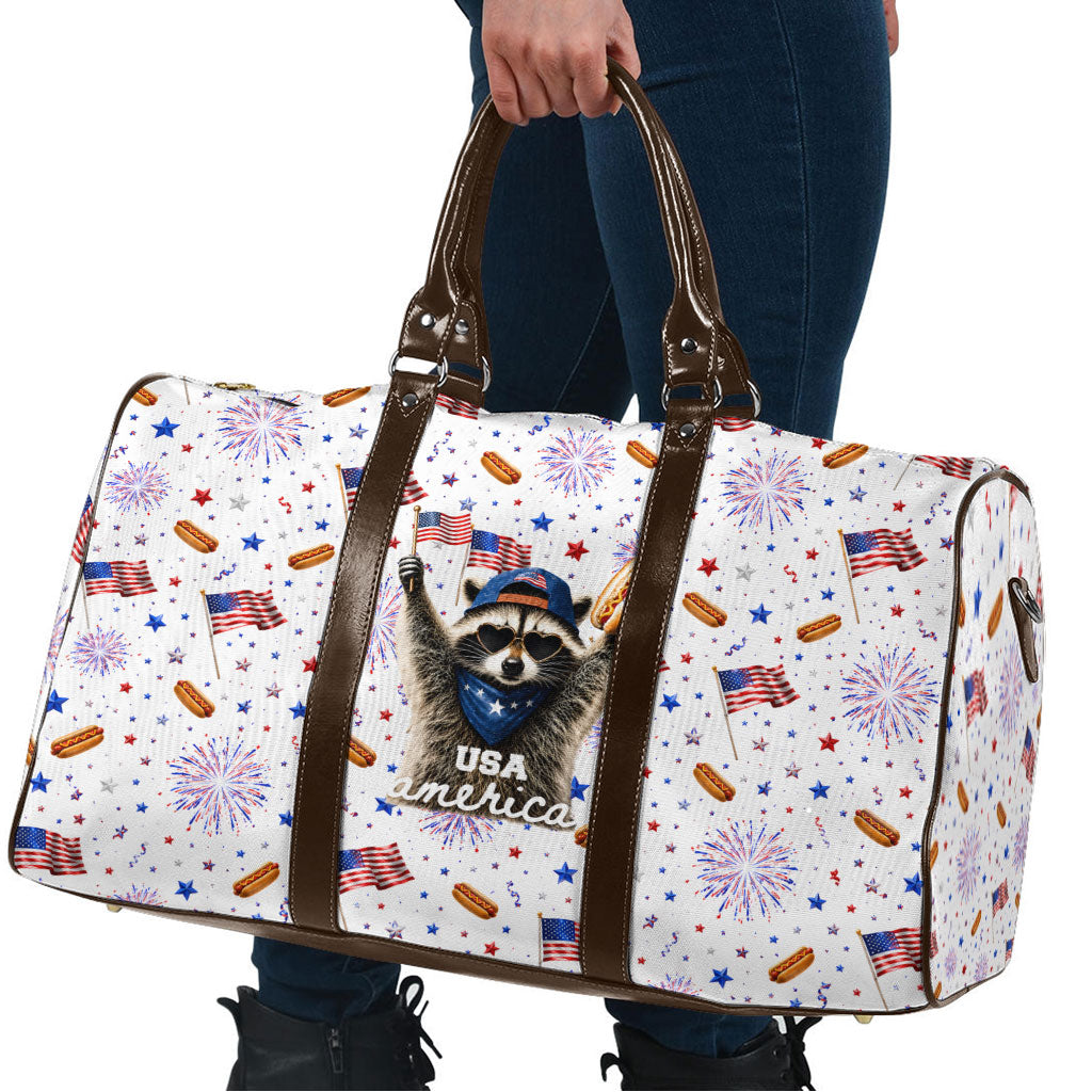 USA America Raccoon Hot Dog 250 Years Travel Bag 4th of July 1776-2026 Patriotic Fireworks