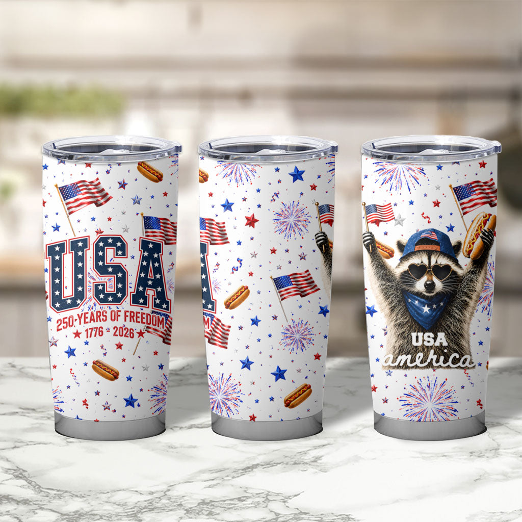 USA America Raccoon Hot Dog 250 Years Tumbler Cup 4th of July 1776-2026 Patriotic Fireworks