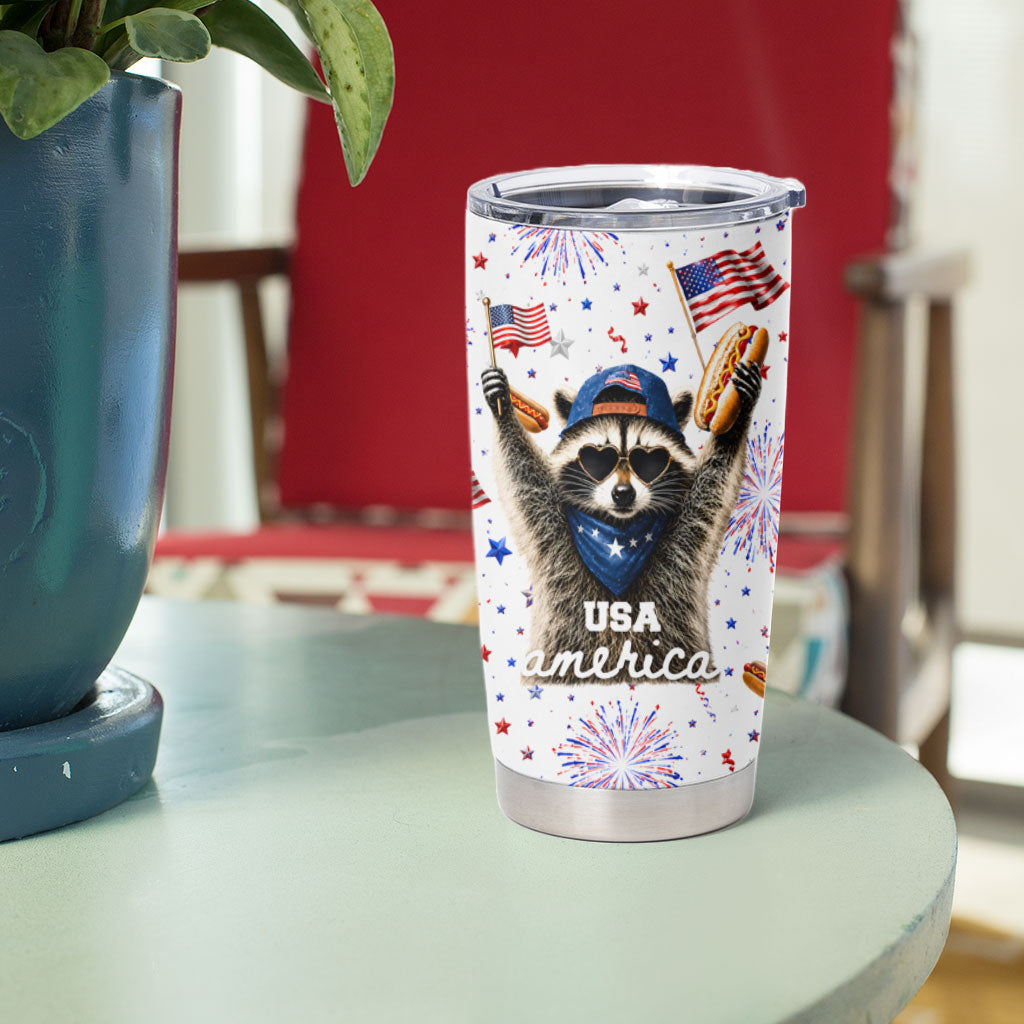 USA America Raccoon Hot Dog 250 Years Tumbler Cup 4th of July 1776-2026 Patriotic Fireworks