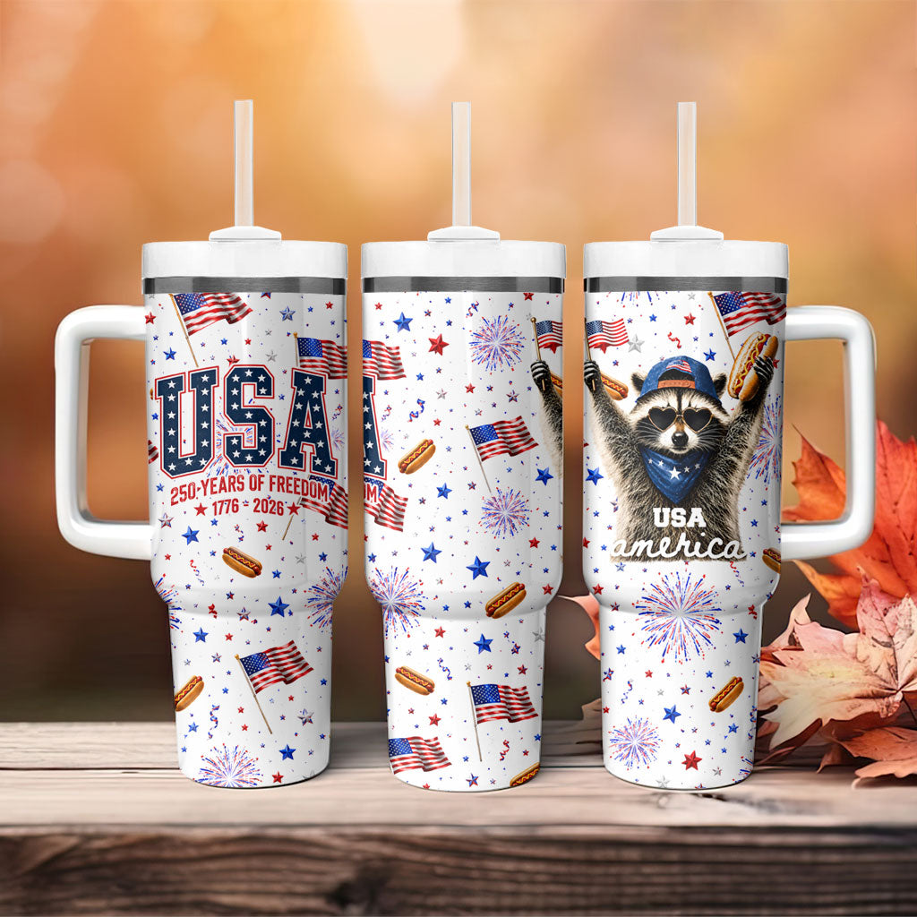 USA America Raccoon Hot Dog 250 Years Tumbler With Handle 4th of July 1776-2026 Patriotic Fireworks