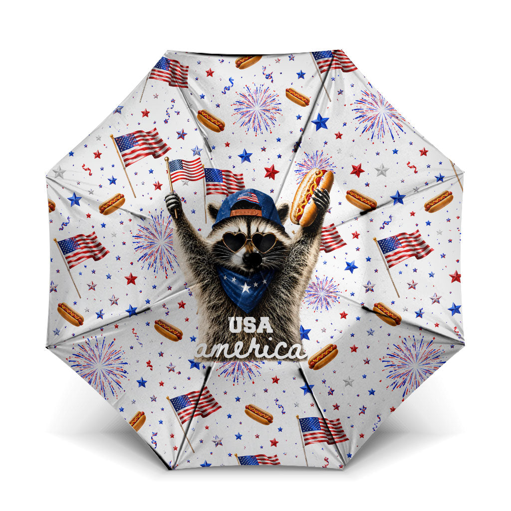 USA America Raccoon Hot Dog 250 Years Umbrella 4th of July 1776-2026 Patriotic Fireworks