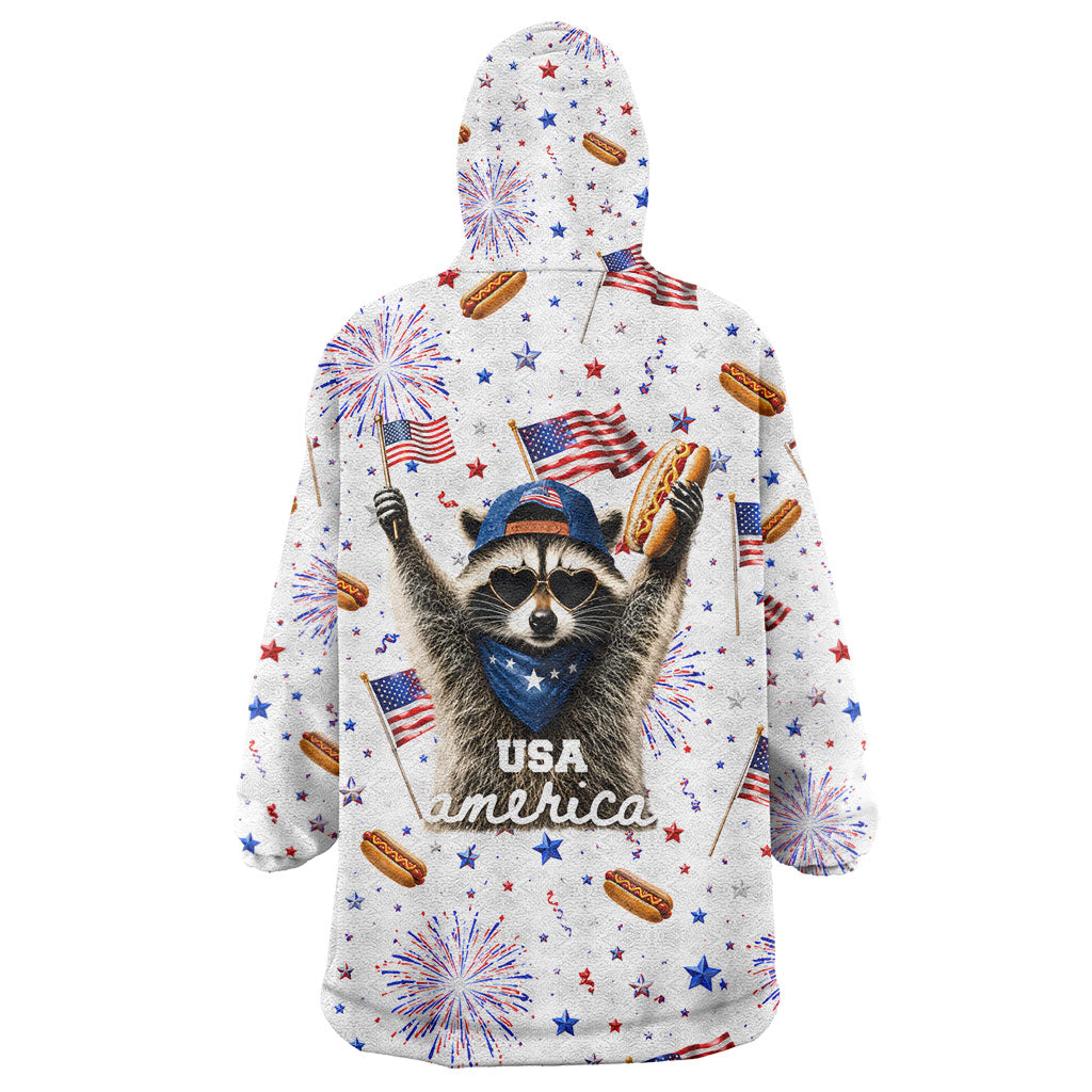 USA America Raccoon Hot Dog 250 Years Wearable Blanket Hoodie 4th of July 1776-2026 Patriotic Fireworks