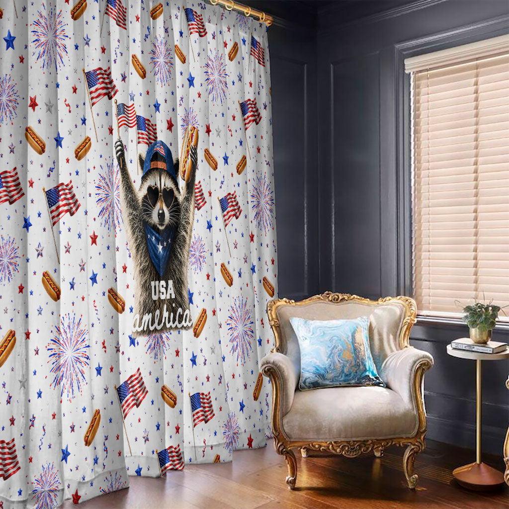 USA America Raccoon Hot Dog 250 Years Window Curtain 4th of July 1776-2026 Patriotic Fireworks