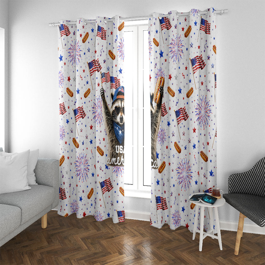 USA America Raccoon Hot Dog 250 Years Window Curtain 4th of July 1776-2026 Patriotic Fireworks