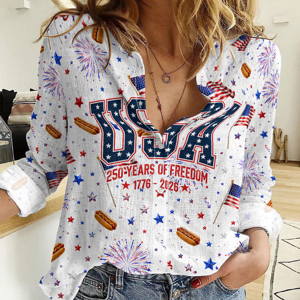 USA America Raccoon Hot Dog 250 Years Women Casual Shirt 4th of July 1776-2026 Patriotic Fireworks
