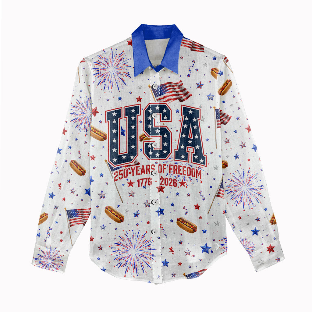 USA America Raccoon Hot Dog 250 Years Women Casual Shirt 4th of July 1776-2026 Patriotic Fireworks