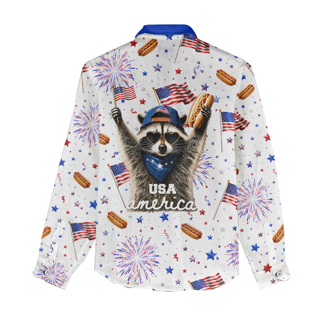 USA America Raccoon Hot Dog 250 Years Women Casual Shirt 4th of July 1776-2026 Patriotic Fireworks