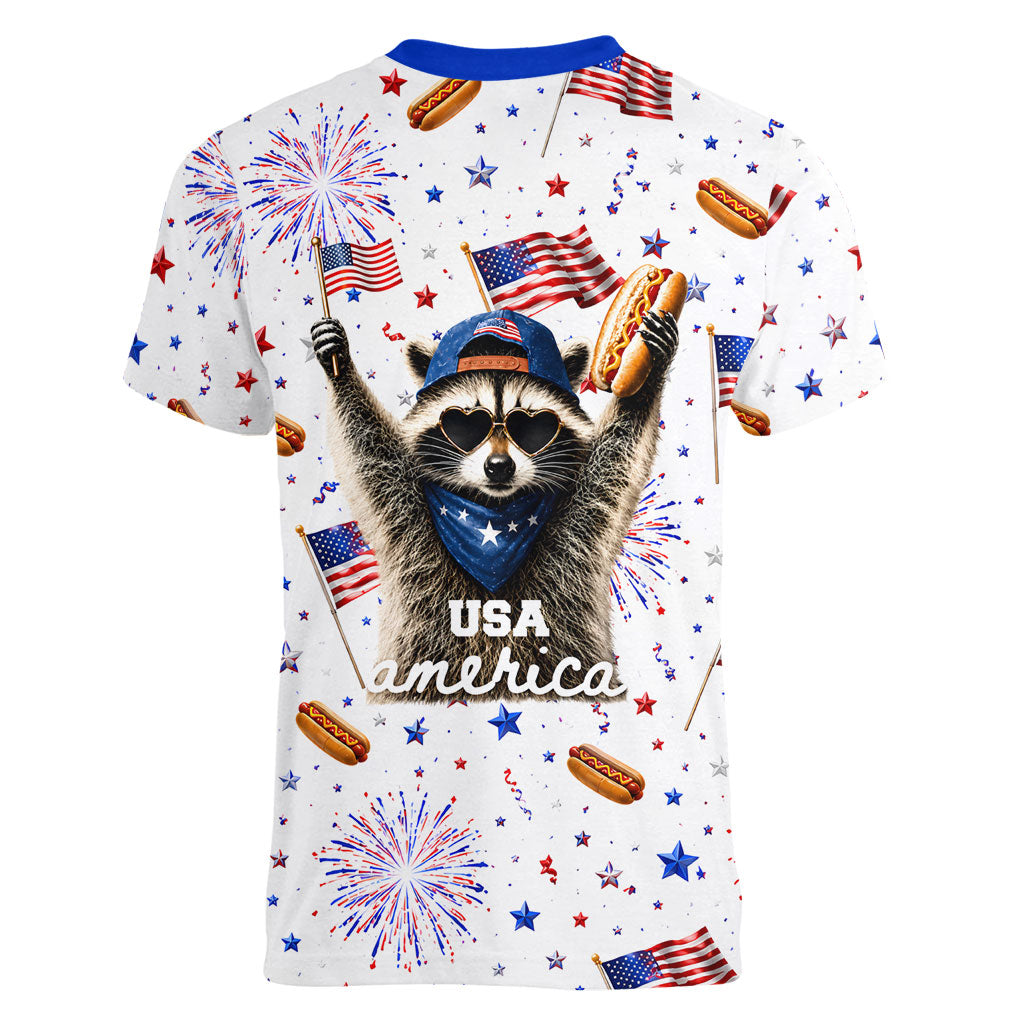 USA America Raccoon Hot Dog 250 Years Women V-Neck T-Shirt 4th of July 1776-2026 Patriotic Fireworks