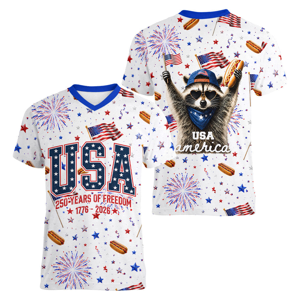 USA America Raccoon Hot Dog 250 Years Women V-Neck T-Shirt 4th of July 1776-2026 Patriotic Fireworks