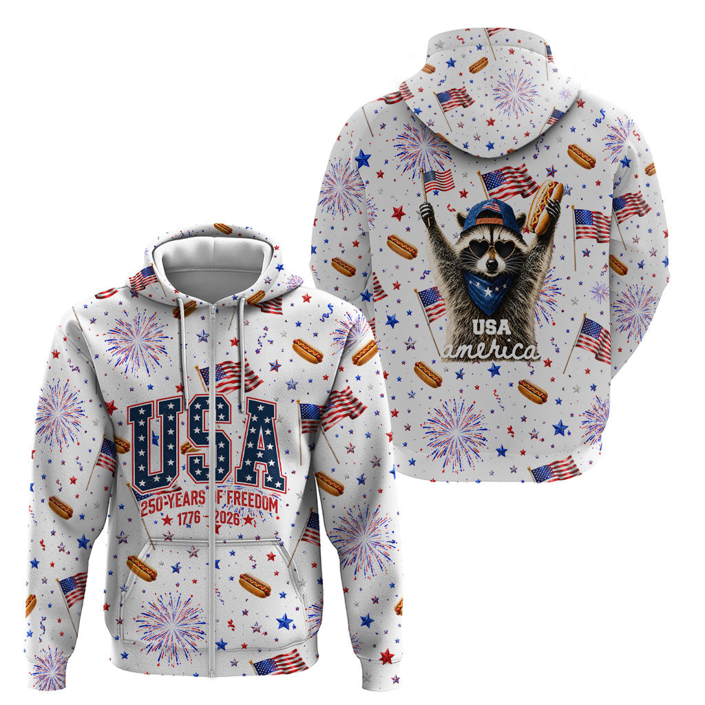 USA America Raccoon Hot Dog 250 Years Zip Hoodie 4th of July 1776-2026 Patriotic Fireworks