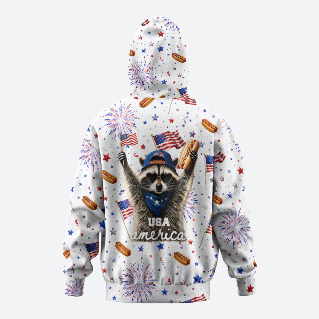 USA America Raccoon Hot Dog 250 Years Zip Hoodie 4th of July 1776-2026 Patriotic Fireworks