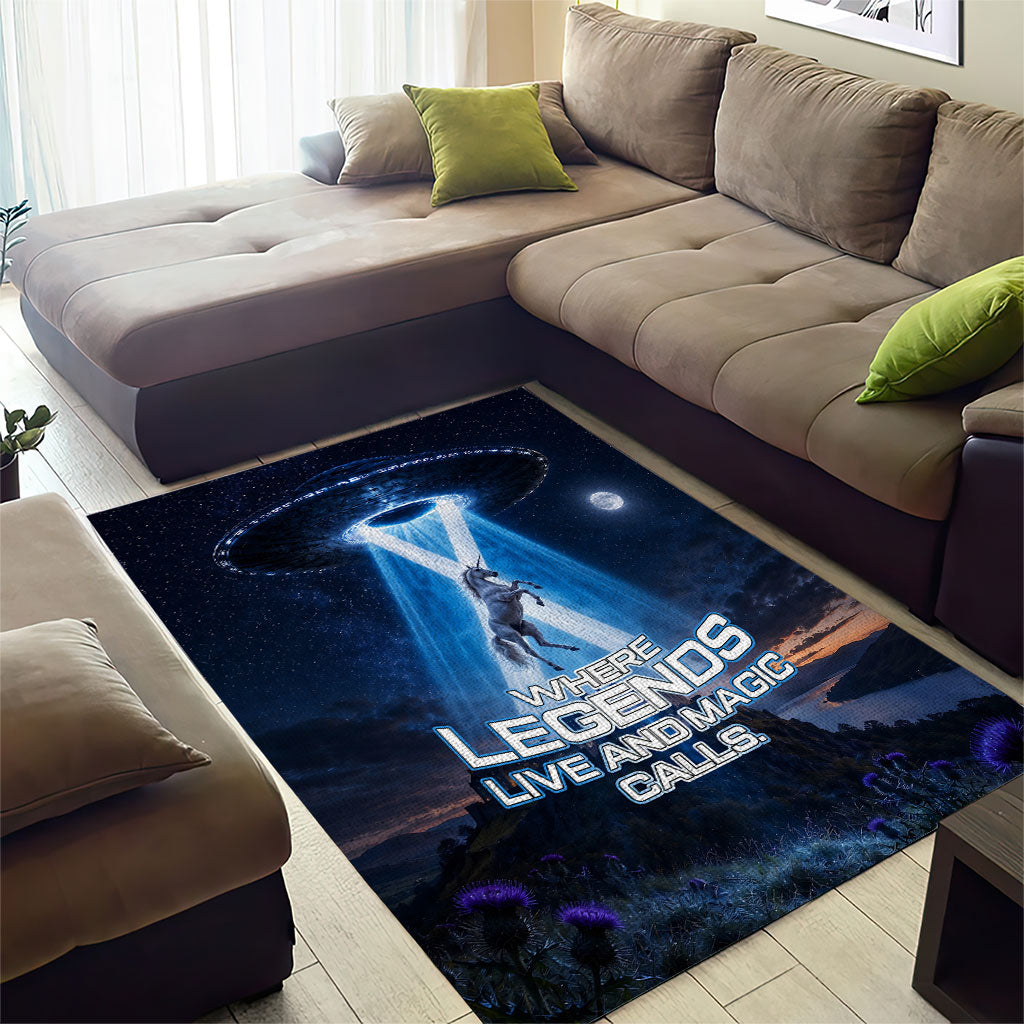 Scotland Kelpies And Unicorn UFO Area Rug Sci-Fi Alien Abduction And Magic Legends