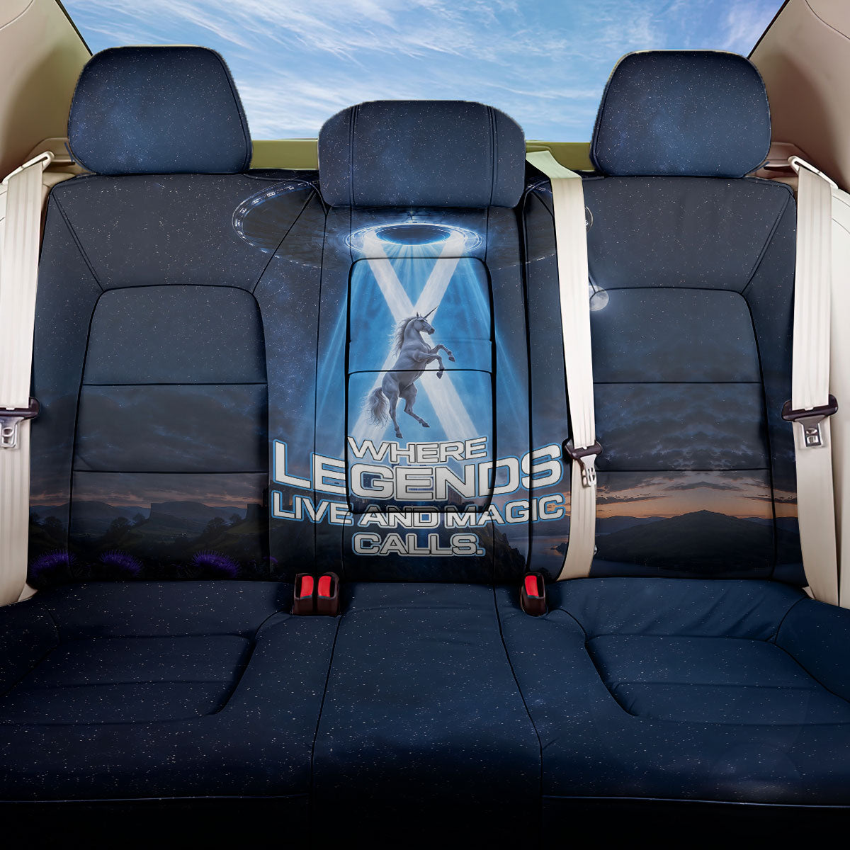 Scotland Kelpies And Unicorn UFO Back Car Seat Cover Sci-Fi Alien Abduction And Magic Legends