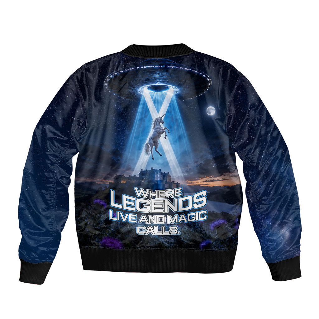 Scotland Kelpies And Unicorn UFO Bomber Jacket Sci-Fi Alien Abduction And Magic Legends