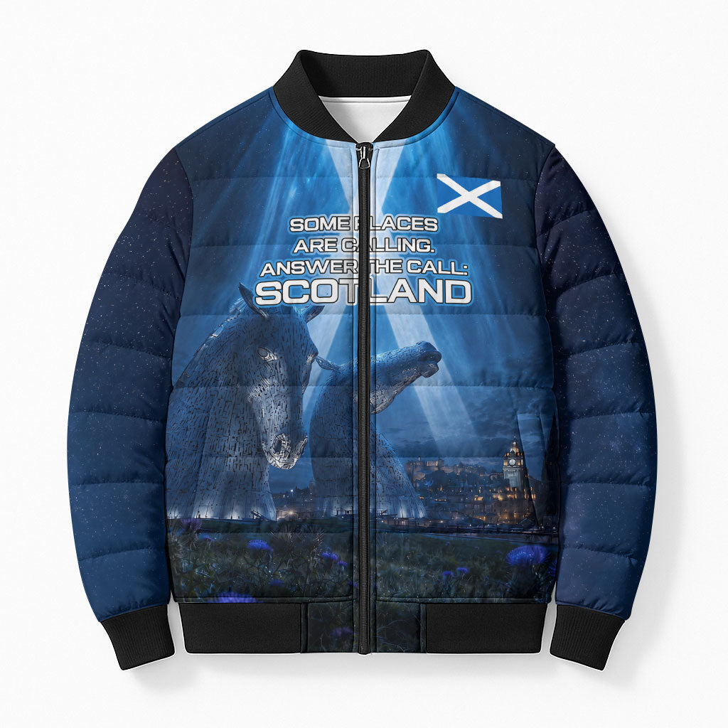 Scotland Kelpies And Unicorn UFO Bomber Puffer Jacket Sci-Fi Alien Abduction And Magic Legends