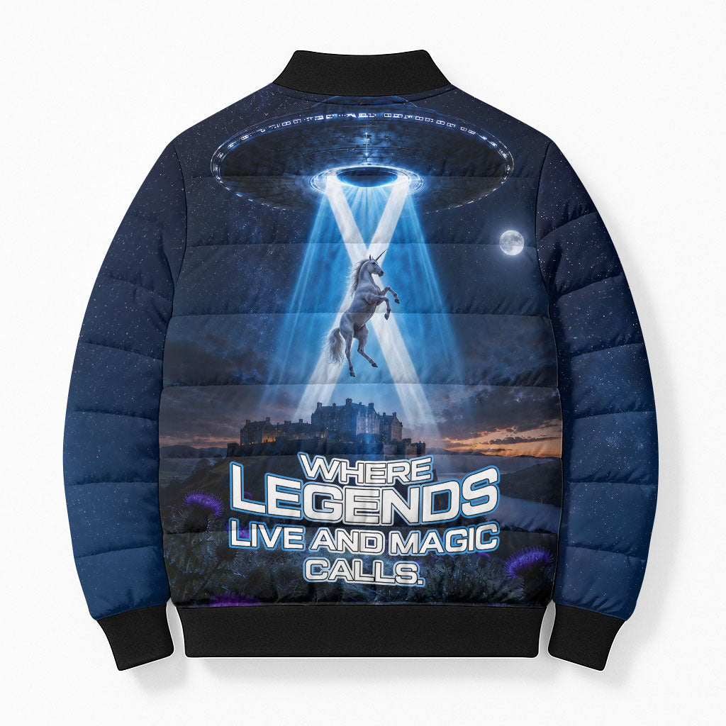 Scotland Kelpies And Unicorn UFO Bomber Puffer Jacket Sci-Fi Alien Abduction And Magic Legends
