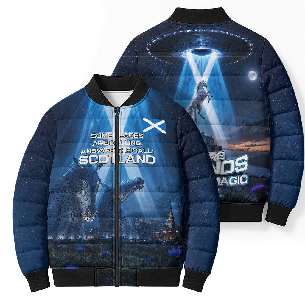 Scotland Kelpies And Unicorn UFO Bomber Puffer Jacket Sci-Fi Alien Abduction And Magic Legends