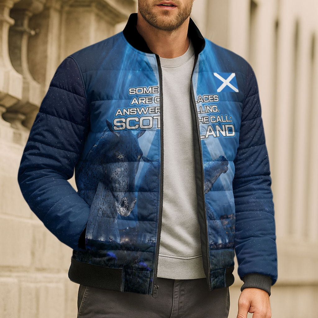 Scotland Kelpies And Unicorn UFO Bomber Puffer Jacket Sci-Fi Alien Abduction And Magic Legends