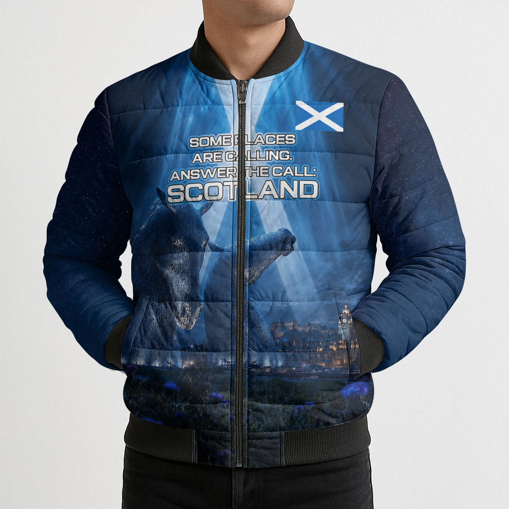 Scotland Kelpies And Unicorn UFO Bomber Puffer Jacket Sci-Fi Alien Abduction And Magic Legends