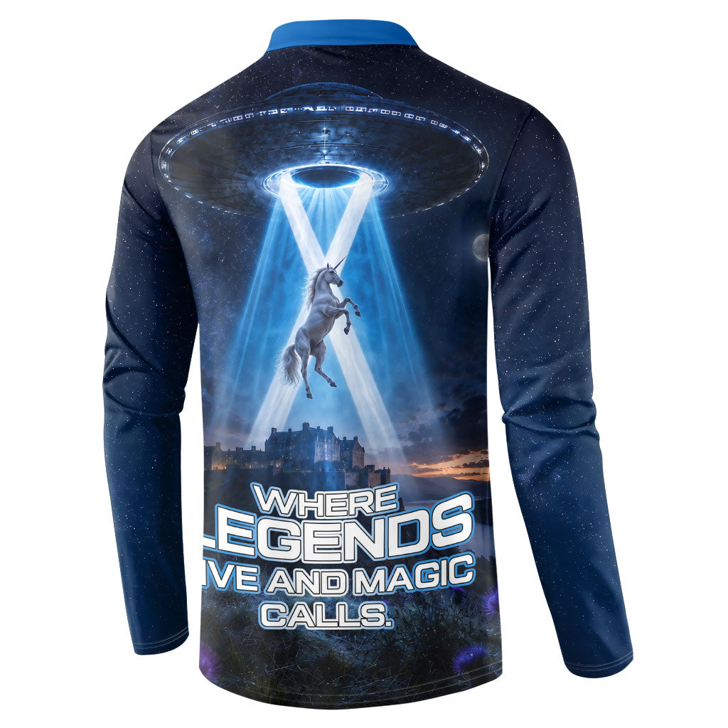 Scotland Kelpies And Unicorn UFO Button Sweatshirt Sci-Fi Alien Abduction And Magic Legends