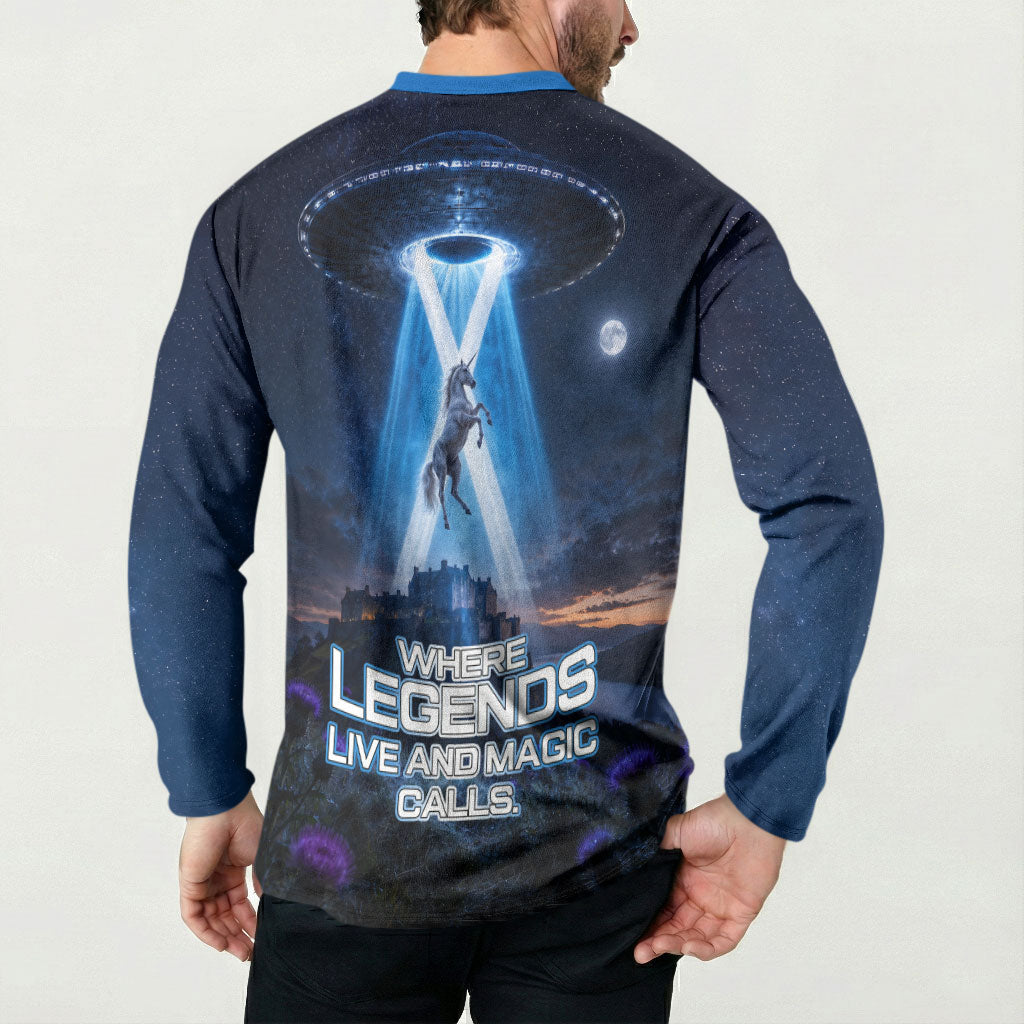 Scotland Kelpies And Unicorn UFO Button Sweatshirt Sci-Fi Alien Abduction And Magic Legends