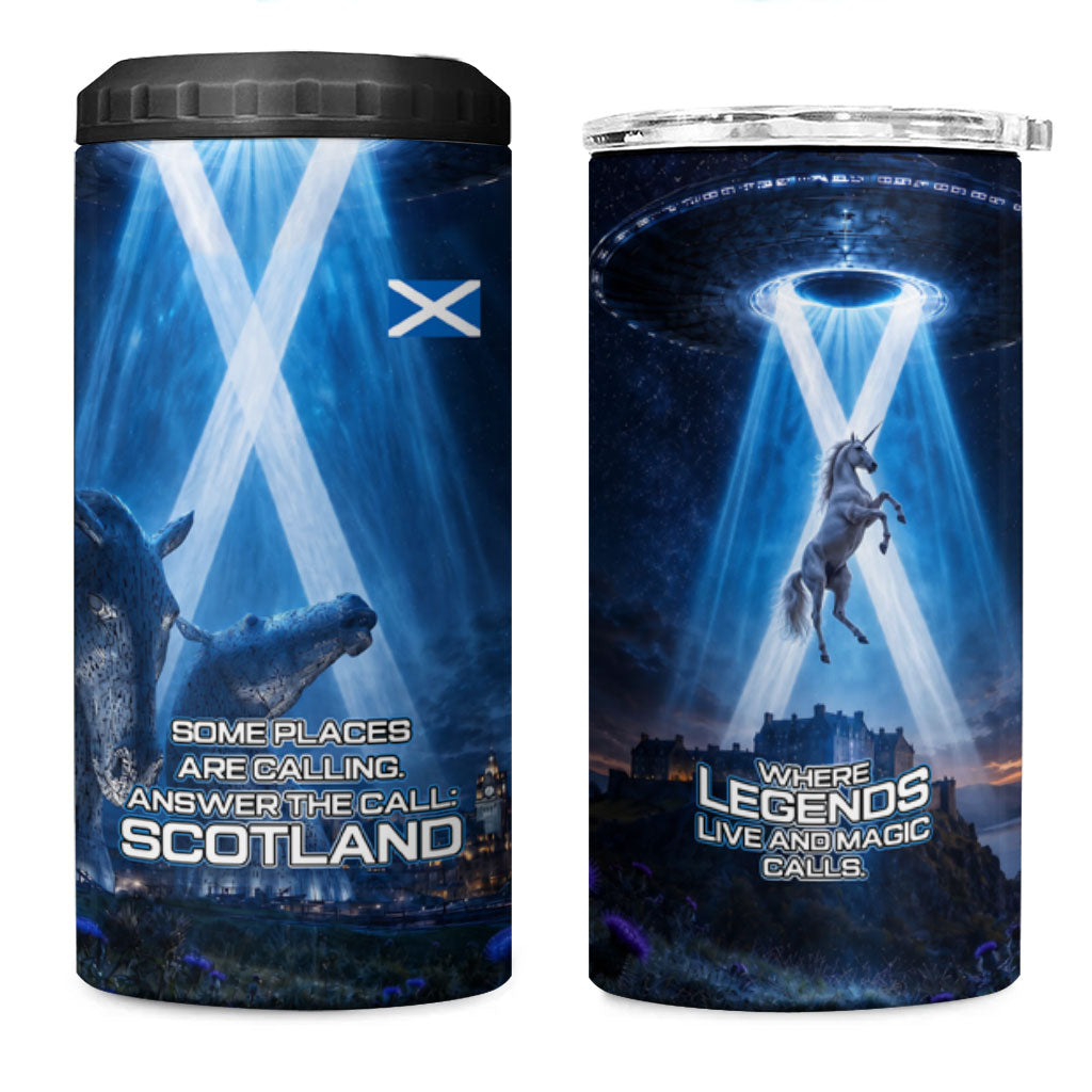 Scotland Kelpies And Unicorn UFO 4 in 1 Can Cooler Tumbler Sci-Fi Alien Abduction And Magic Legends