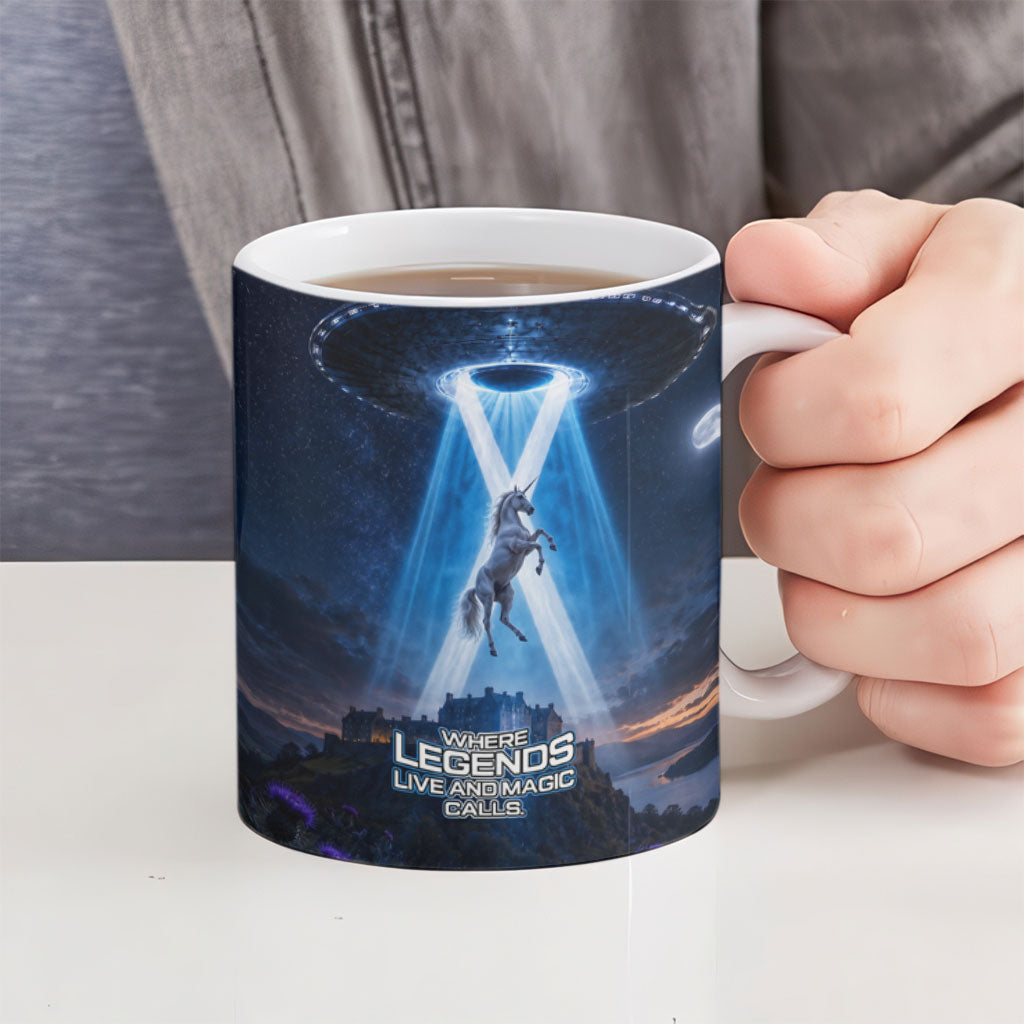Scotland Kelpies And Unicorn UFO Ceramic Mug Sci-Fi Alien Abduction And Magic Legends