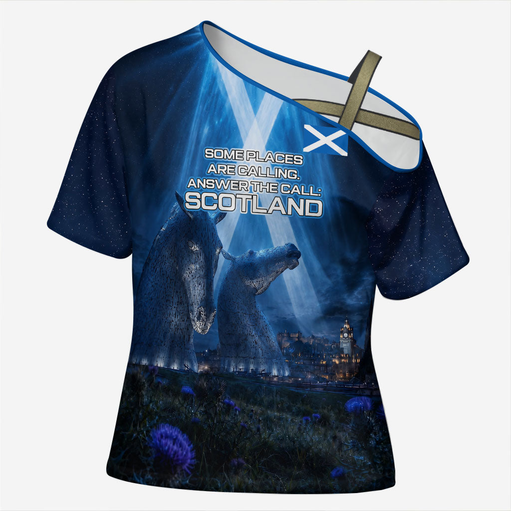 Scotland Kelpies And Unicorn UFO Cross Shoulder Shirt Sci-Fi Alien Abduction And Magic Legends