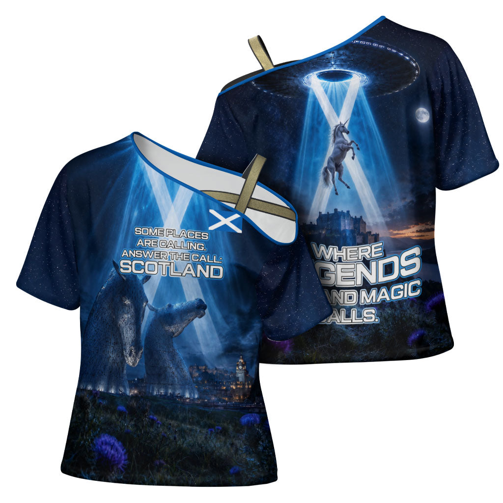 Scotland Kelpies And Unicorn UFO Cross Shoulder Shirt Sci-Fi Alien Abduction And Magic Legends