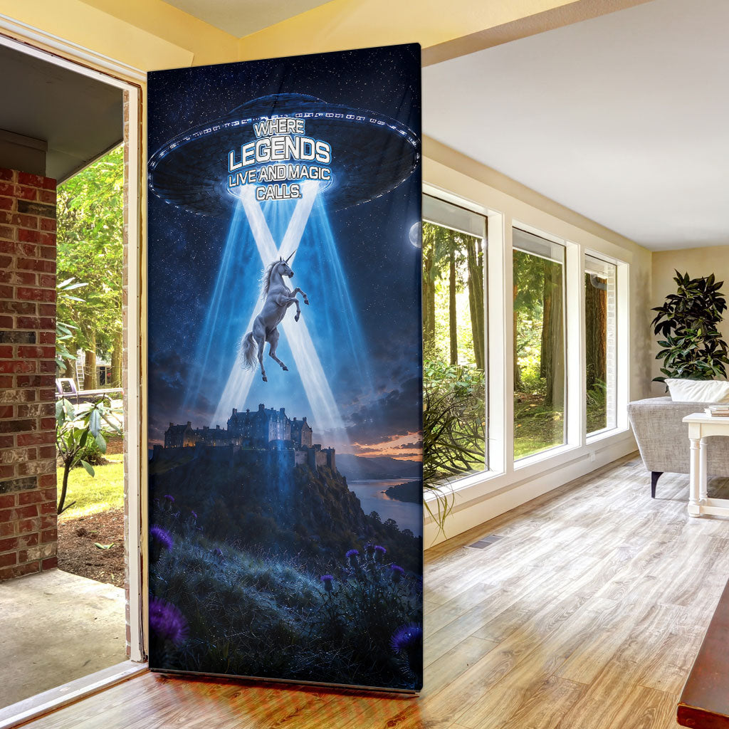 Scotland Kelpies And Unicorn UFO Door Cover Sci-Fi Alien Abduction And Magic Legends