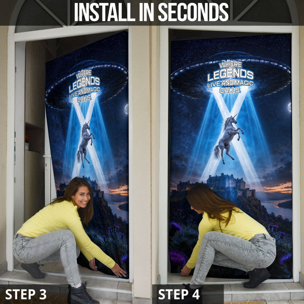 Scotland Kelpies And Unicorn UFO Door Cover Sci-Fi Alien Abduction And Magic Legends