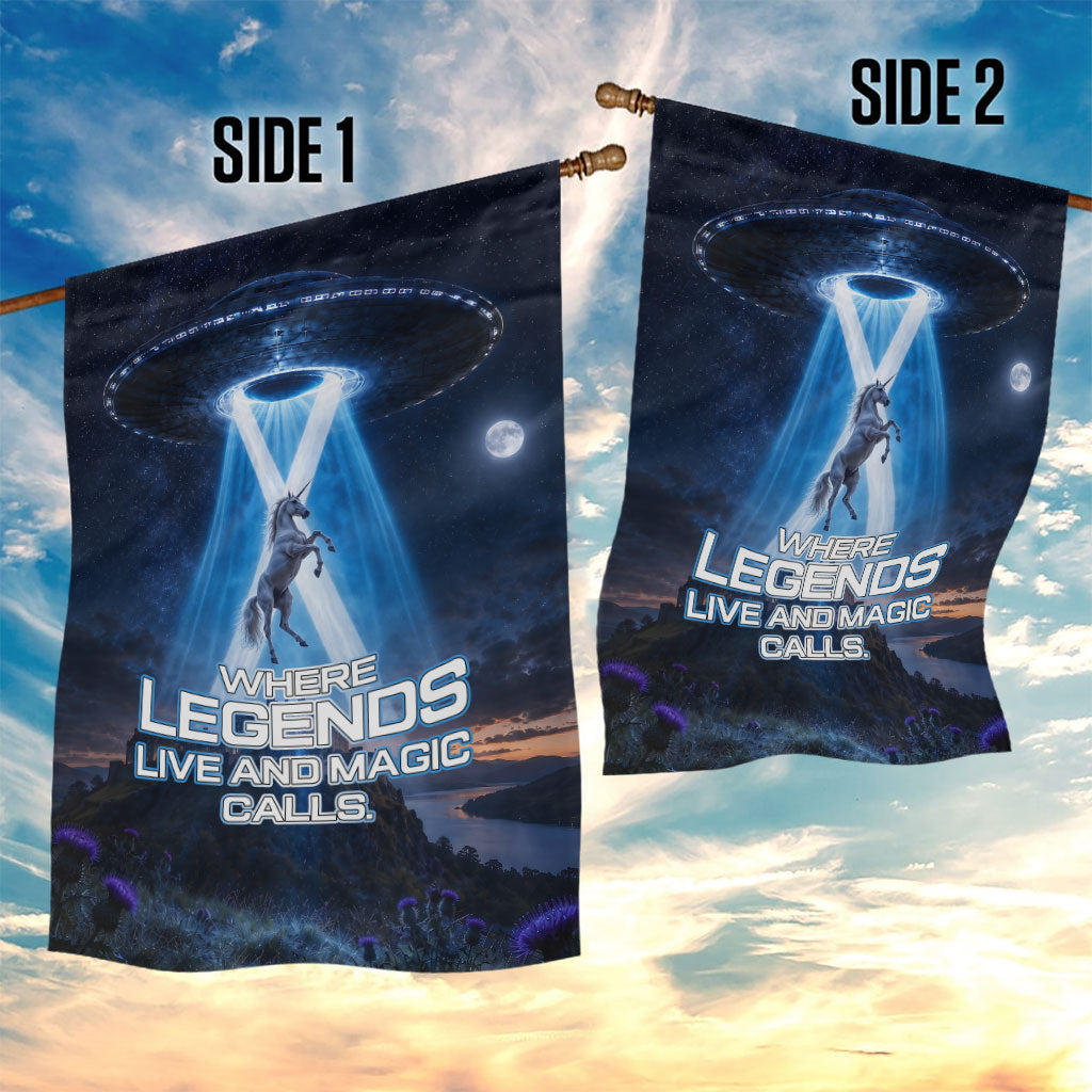 Scotland Kelpies And Unicorn UFO Garden Flag Sci-Fi Alien Abduction And Magic Legends