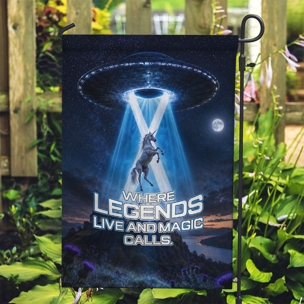 Scotland Kelpies And Unicorn UFO Garden Flag Sci-Fi Alien Abduction And Magic Legends